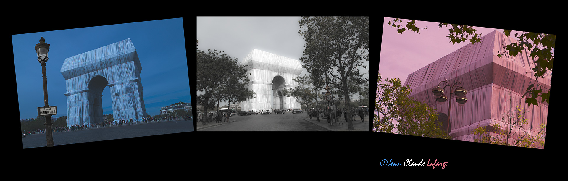Œuvre éphémère de la fondation de l'artiste Christo : Arc de triomphe de Paris Etoile Charles de Gaulle empaqueté de tissu recyclable en polypropylène argent bleuté et de cordes rouges.